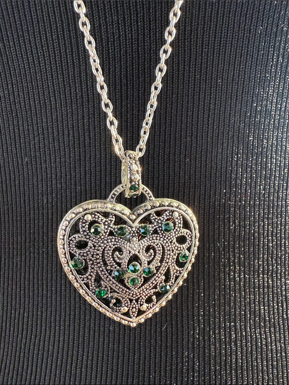 Silver tone Heart Pendant Necklace with faux Emerald Green Stones